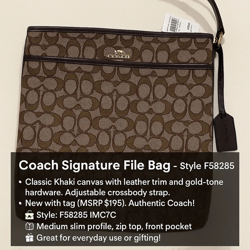 Coach Signature File Bag - Style F58285
Classic Khaki canvas with leather trim - Picture 2 of 6